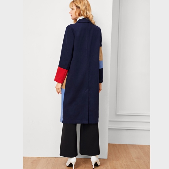 Blue Color Block Midi Coat w/Pockets - Picture 4 of 6